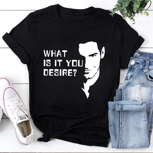 What Is It You Desire? Black Graphic Tee with Mystery Face Silhouette