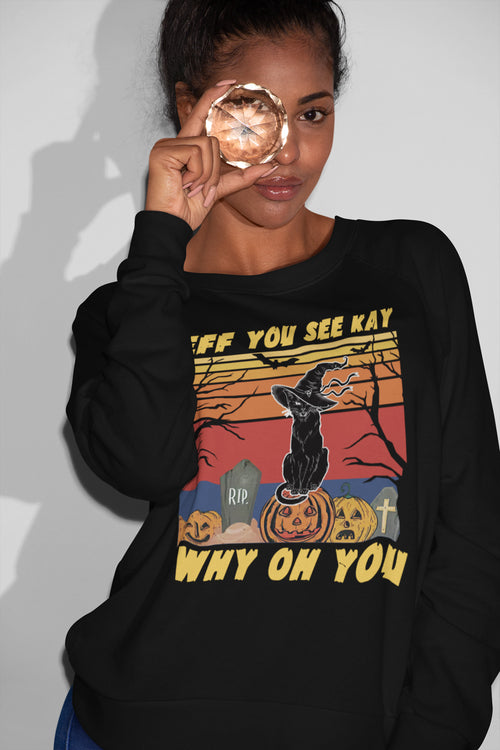 Vintage Witch Cat Halloween Sweatshirt with Pumpkin and Graveyard Design