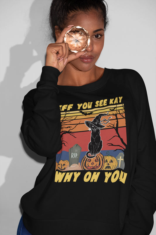 Vintage Witch Cat Halloween Sweatshirt with Pumpkin and Graveyard Design