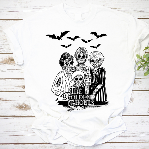 The Golden Ghouls Halloween Skeleton T-Shirt with Bats