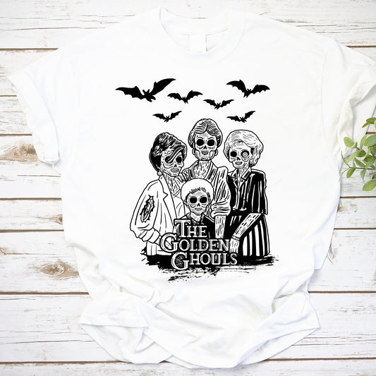 The Golden Ghouls Halloween Skeleton T-Shirt with Bats