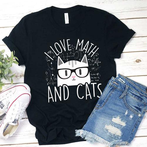 I Love Math and Cats T-Shirt - Cute Cat with Glasses Math Lover Tee