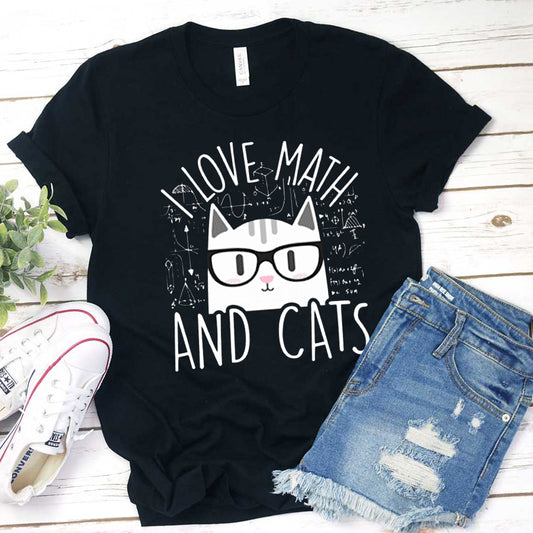I Love Math and Cats T-Shirt - Cute Cat with Glasses Math Lover Tee