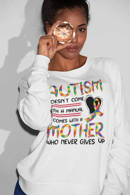 Autism Awareness Sweatshirt - Mother Never Gives Up Puzzle Ribbon Sweater