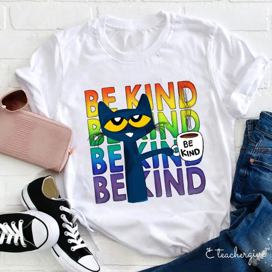 Be Kind Pete the Cat Graphic Tee with Rainbow Text and Coffee Mug