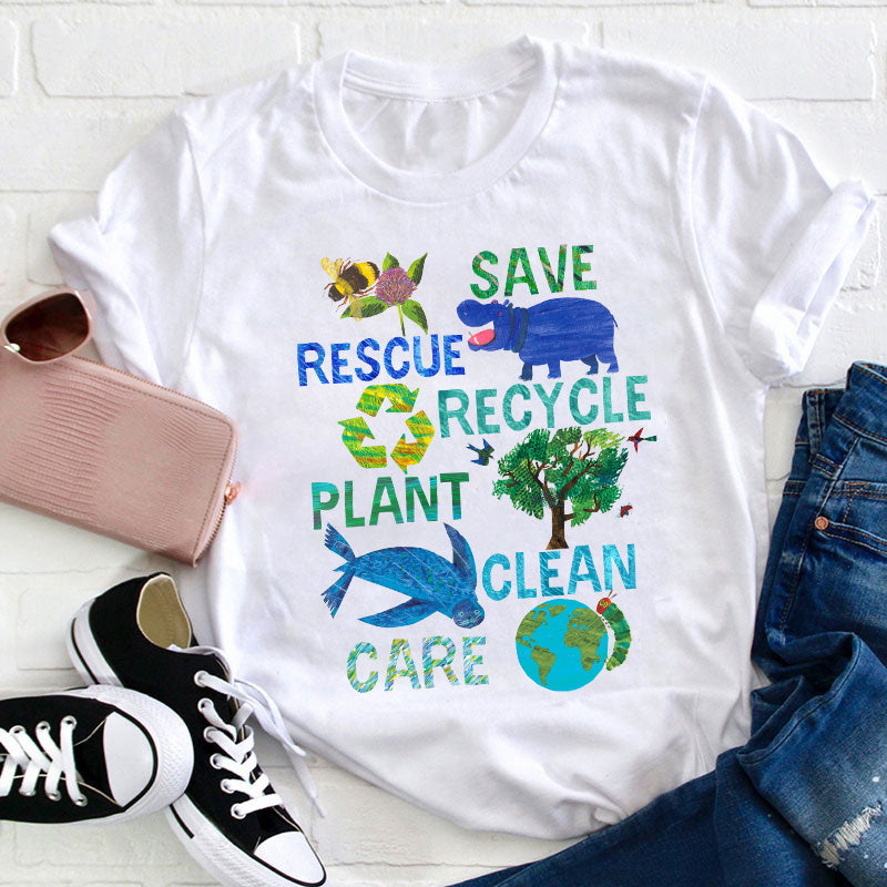 Eco-Friendly Save, Rescue, Recycle Graphic T-Shirt with Animals and Earth Design