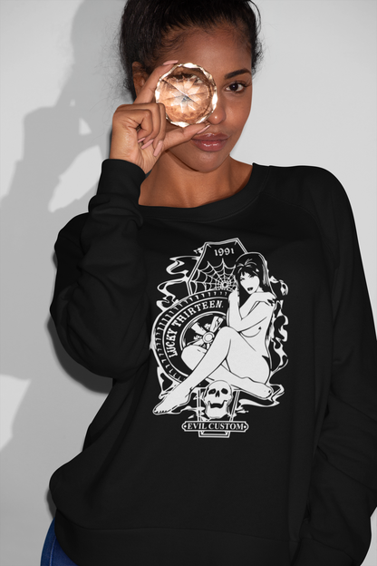 Vintage Lucky Thirteen Pin-Up Sweatshirt - Edgy Black Graphic Pullover