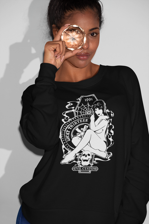 Vintage Lucky Thirteen Pin-Up Sweatshirt - Edgy Black Graphic Pullover