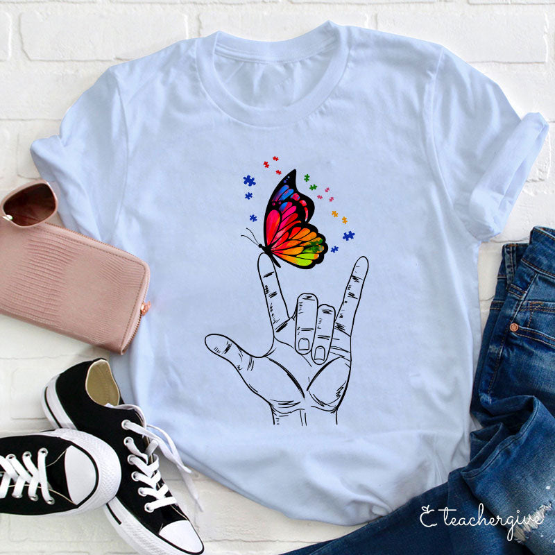 ASL I Love You Butterfly Shirt - Rainbow Puzzle Piece Sign Language Tee