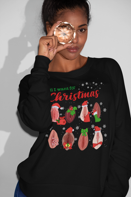 All I Want for Christmas Vagina Holiday Sweatshirt - Funny Feminine Xmas Gift