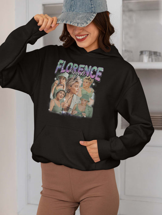Florence Pugh Vintage Style Graphic Hoodie – Retro Celebrity Collage Sweatshirt