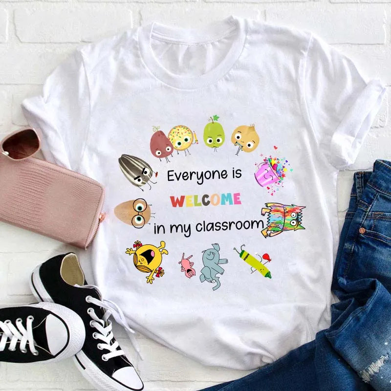 Everyone is Welcome in My Classroom Teacher T-Shirt with Cute Characters