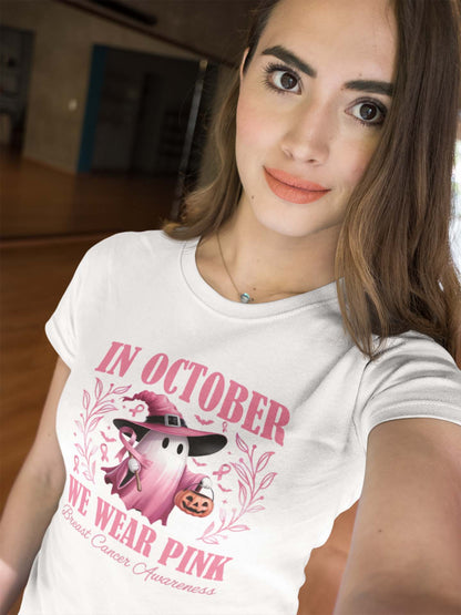 Breast Cancer Awareness October Shirt with Pink Ghost and Halloween Pumpkin