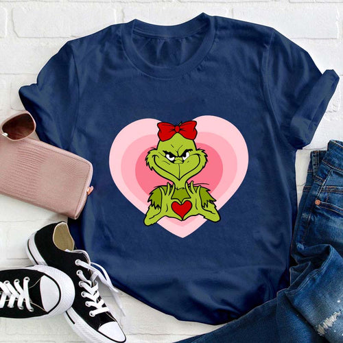 Grinch Heart Hand Valentines Shirt with Red Bow - Funny Christmas Love Tee