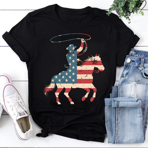 American Flag Cowboy and Horse Retro Western T-Shirt