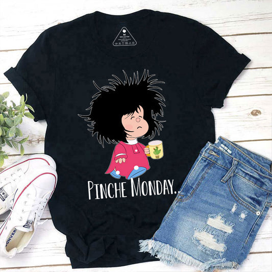 Funny Pinche Monday T-Shirt with Sleepy Cartoon Character & Coffee Mug