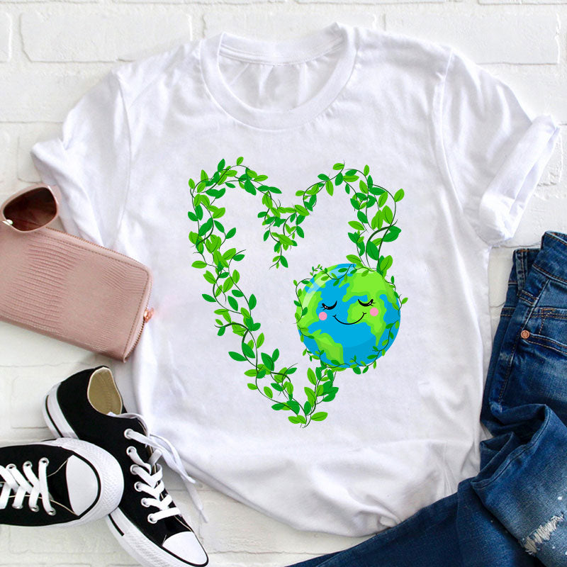 Eco Love T-Shirt with Heart-Shaped Leaf Vine and Smiling Earth Graphic