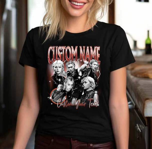 Customizable Black T-Shirt with Multiple Portraits and Name/Text Personalization