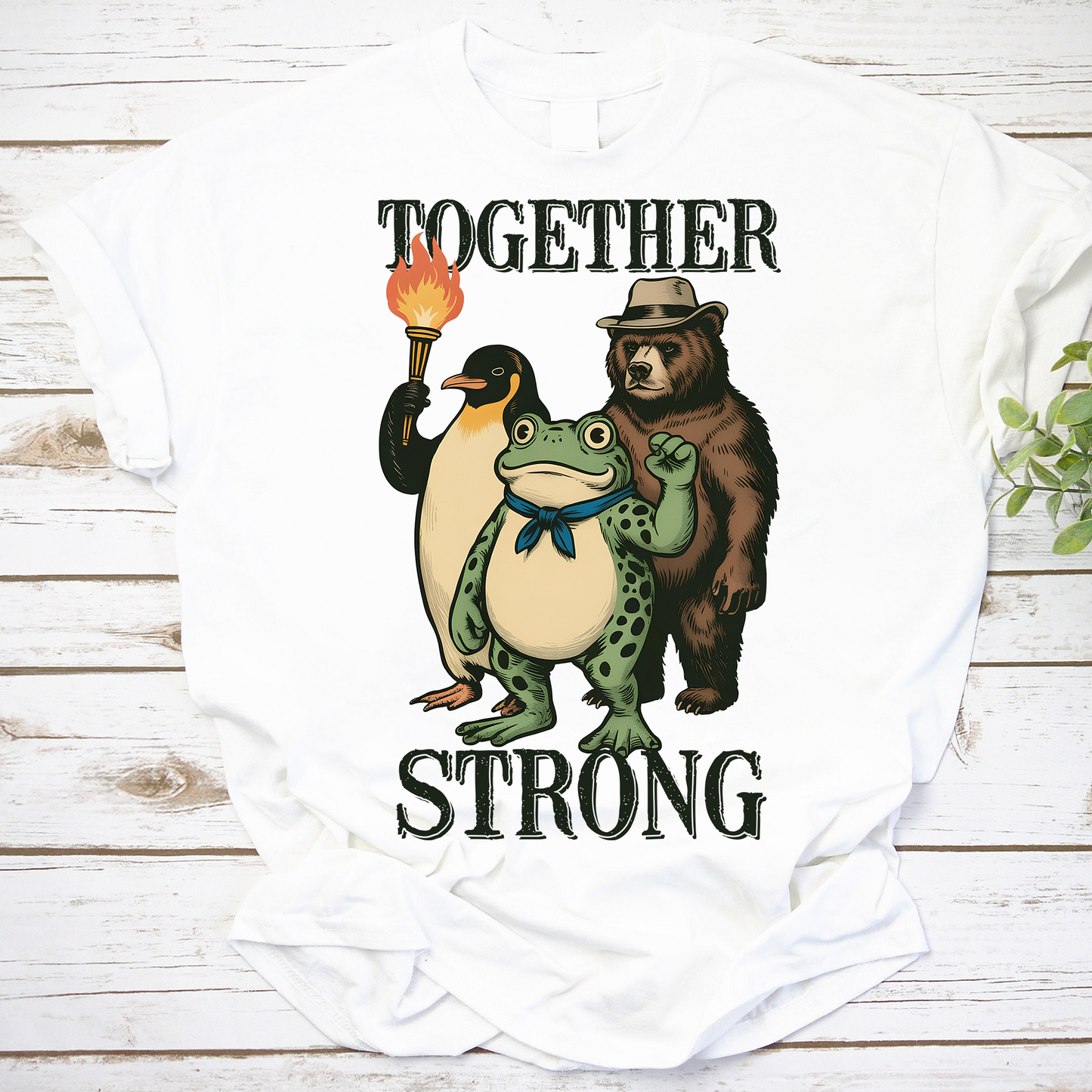 Together Strong Animal Trio Graphic Tee Frog Bear Penguin Shirt
