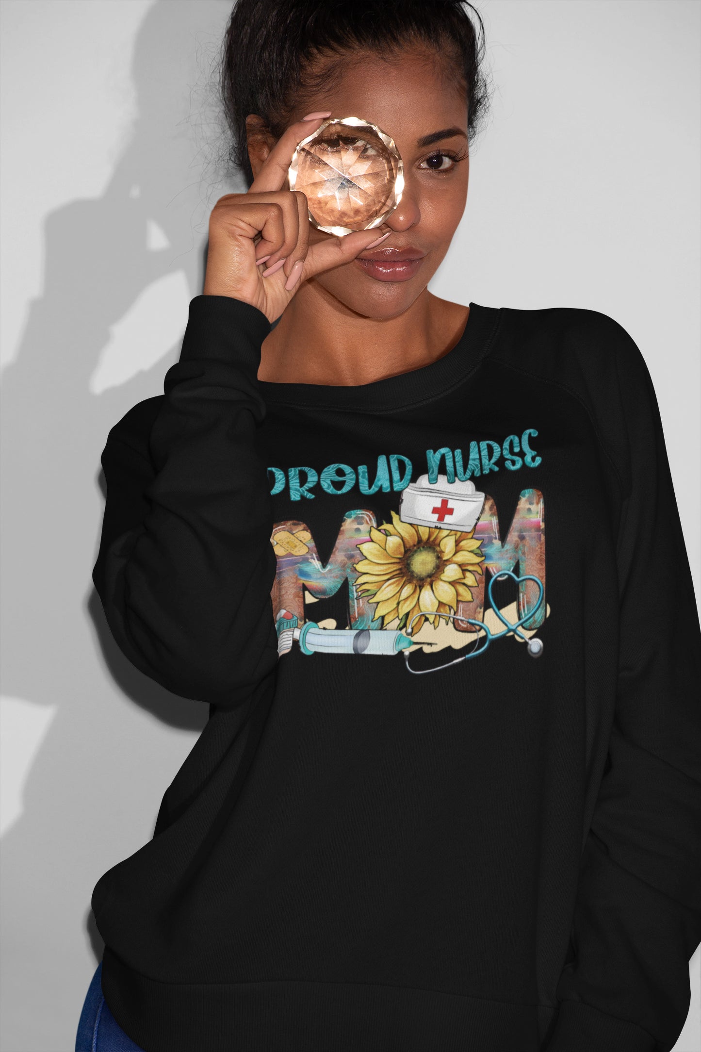 Proud Nurse Mom Sweatshirt with Sunflower and Medical Symbols