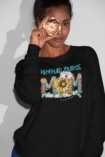 Proud Nurse Mom Sweatshirt with Sunflower and Medical Symbols