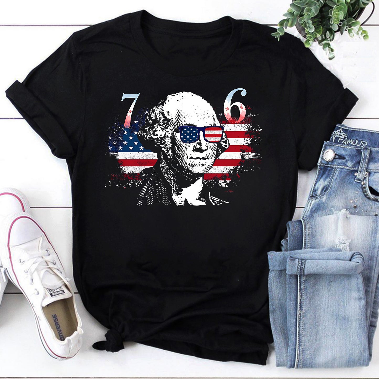 Retro 1776 American Flag George Washington Sunglasses T-Shirt