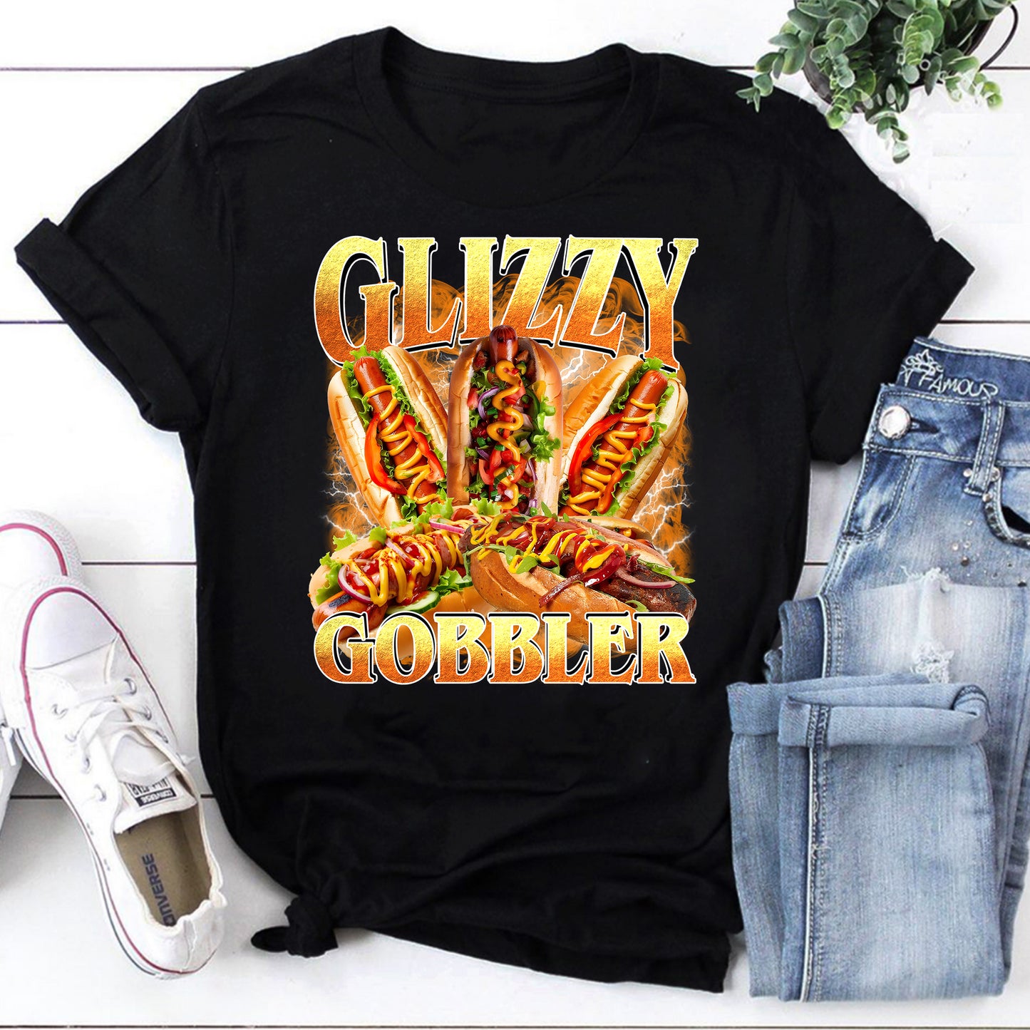 Glizzy Gobbler Hot Dog Lover Graphic T-Shirt Fun Party Tee