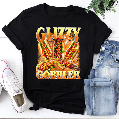 Glizzy Gobbler Hot Dog Lover Graphic T-Shirt Fun Party Tee