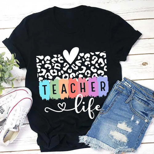 Teacher Life Leopard Print Colorful Graphic T-Shirt for Educators