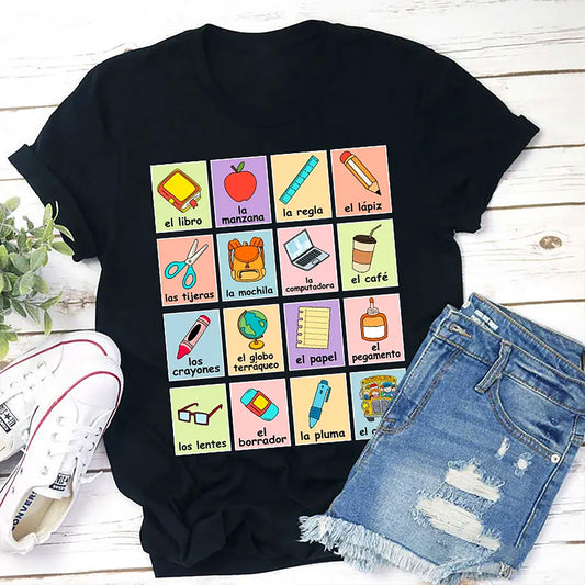 Spanish Vocabulary School Supplies T-Shirt - Colorful Educational Back to School Tee