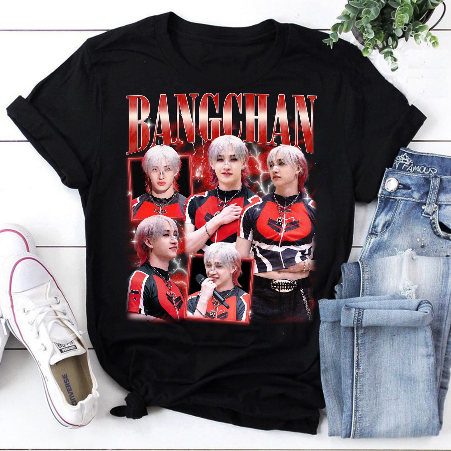 Bangchan Kpop Star Graphic T-Shirt Fan Tee Black Red Lightning Design