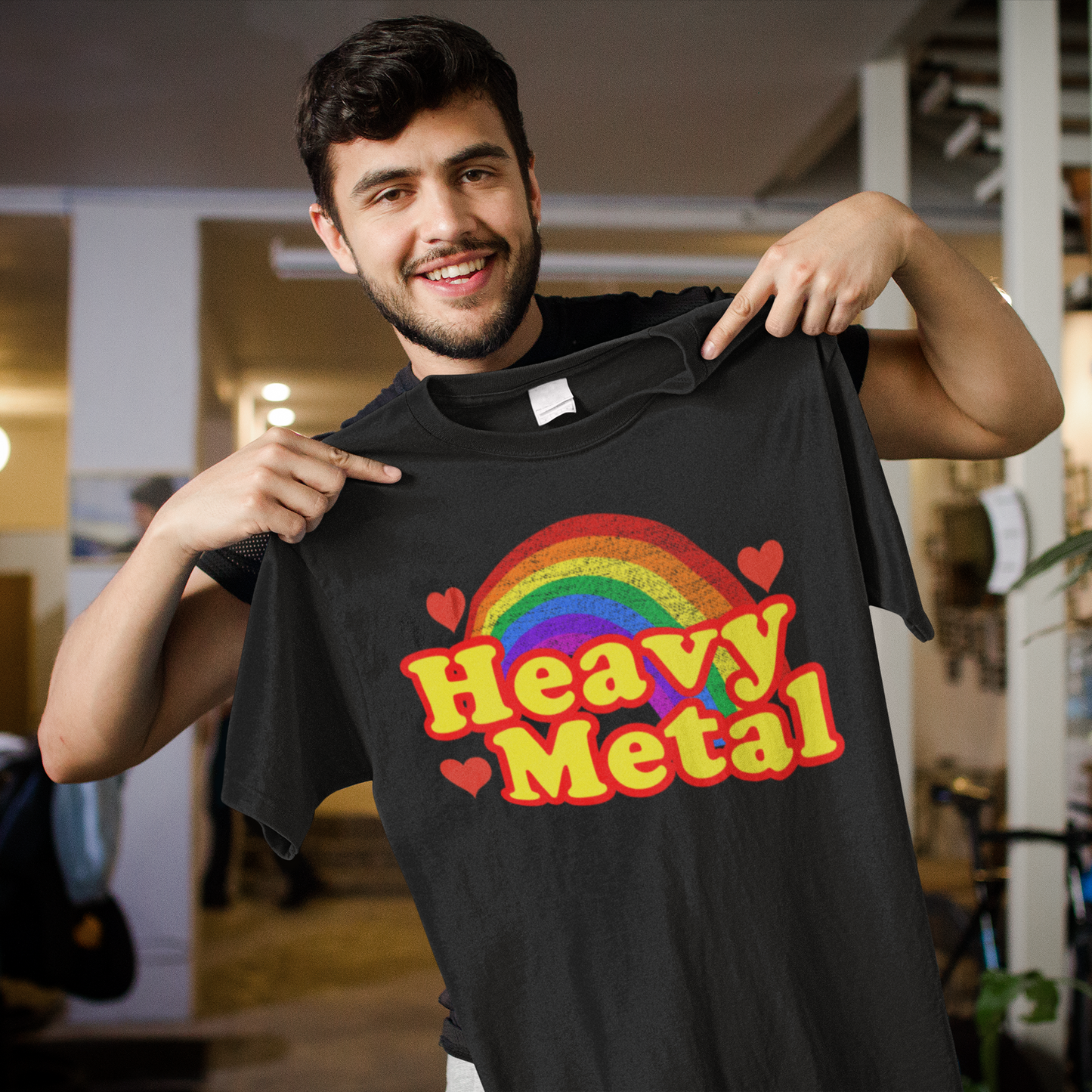 Retro Rainbow Heavy Metal T-Shirt with Bold Yellow Text