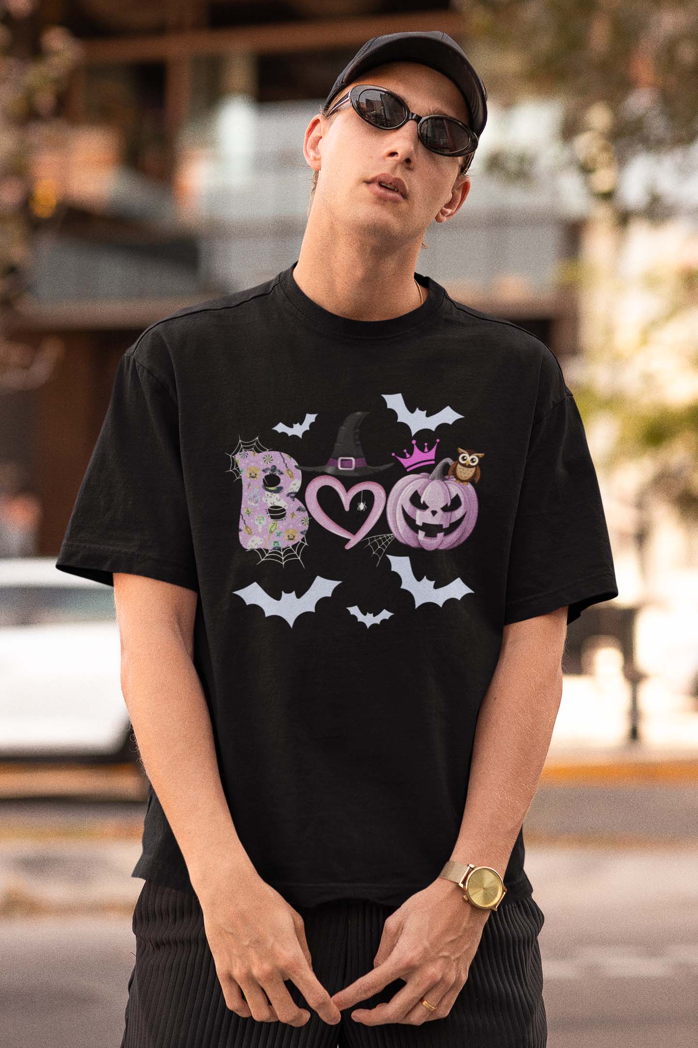 Halloween Boo T-Shirt with Witch Hat, Pumpkin, and Bat Design