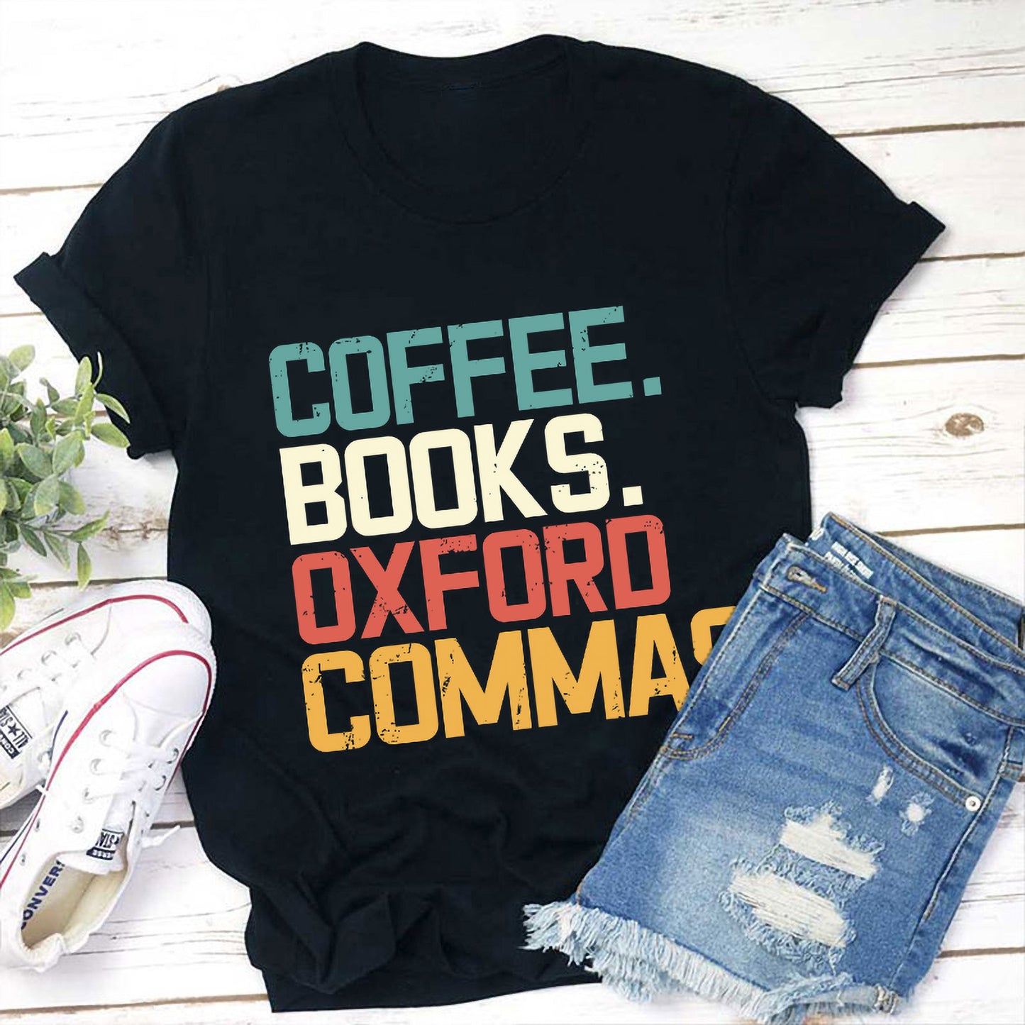 Coffee Books Oxford Commas Funny Typography Literary T-Shirt