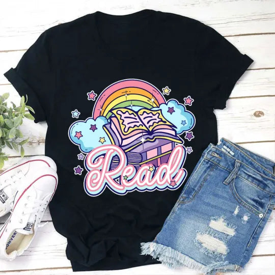 Rainbow Book Reading T-Shirt - Cute Read Graphic Tee for Book Lovers