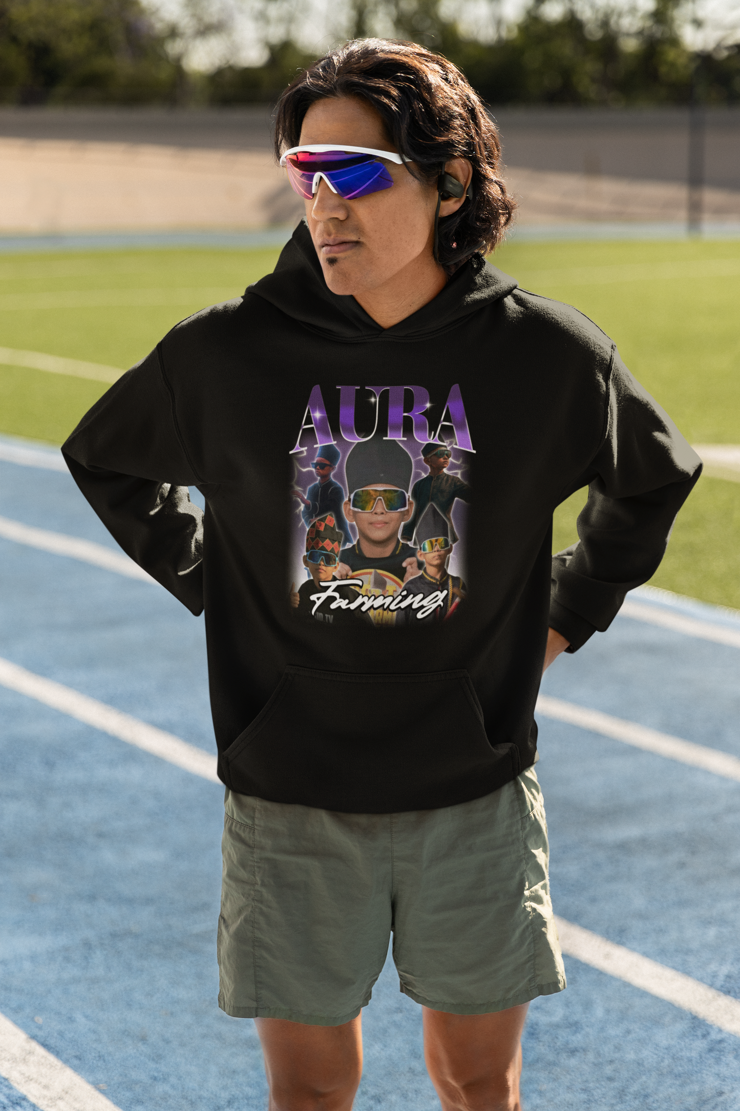 Aura Farming Hoodie with Retro Futuristic Sunglasses Design
