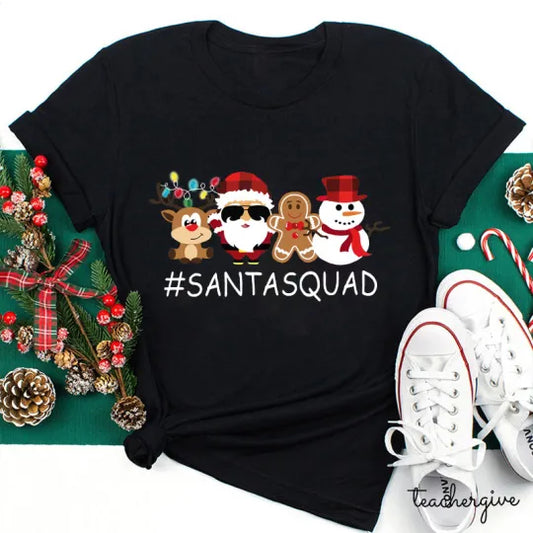 Christmas #Santasquad Holiday Crew T-Shirt with Reindeer, Santa, Gingerbread & Snowman