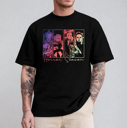 Horror Season Graphic T-Shirt - Creepy Movie Characters Design, Unique Horror Fan Gift