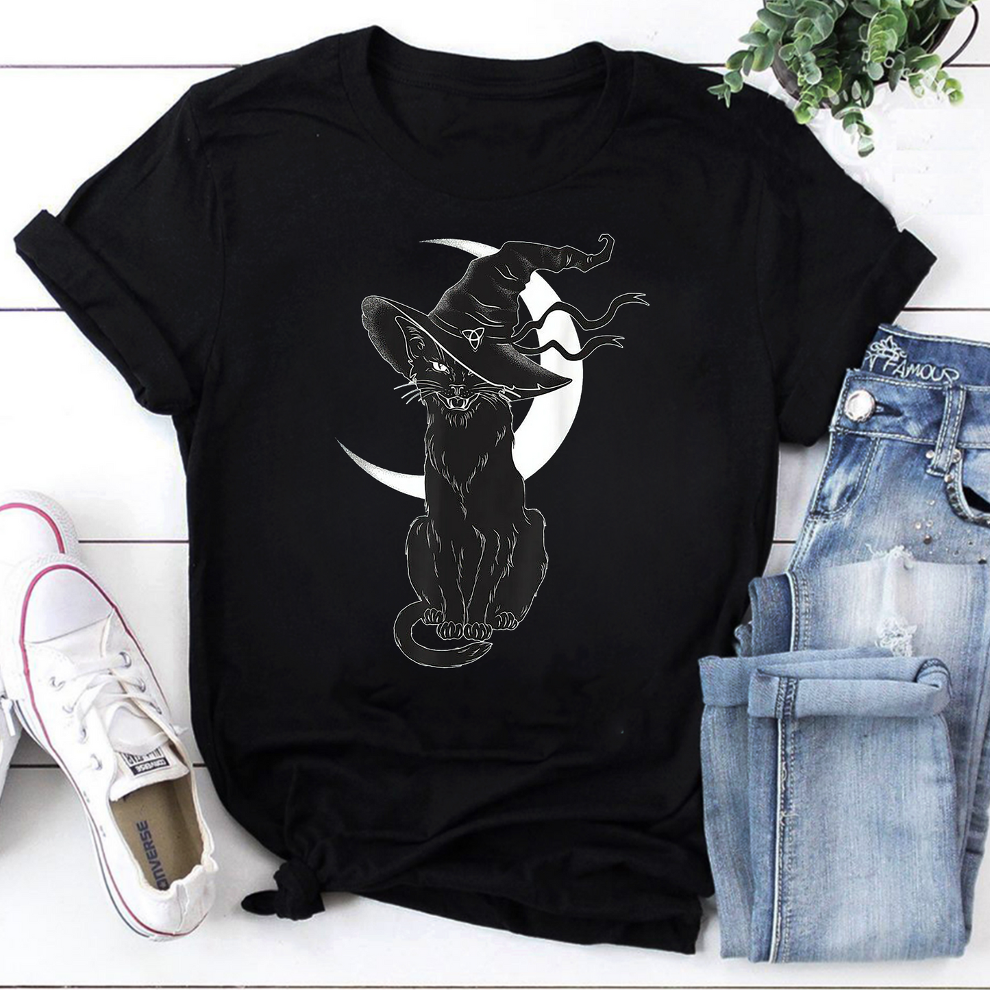 Black Cat Witch Hat T-Shirt with Crescent Moon Magic Design
