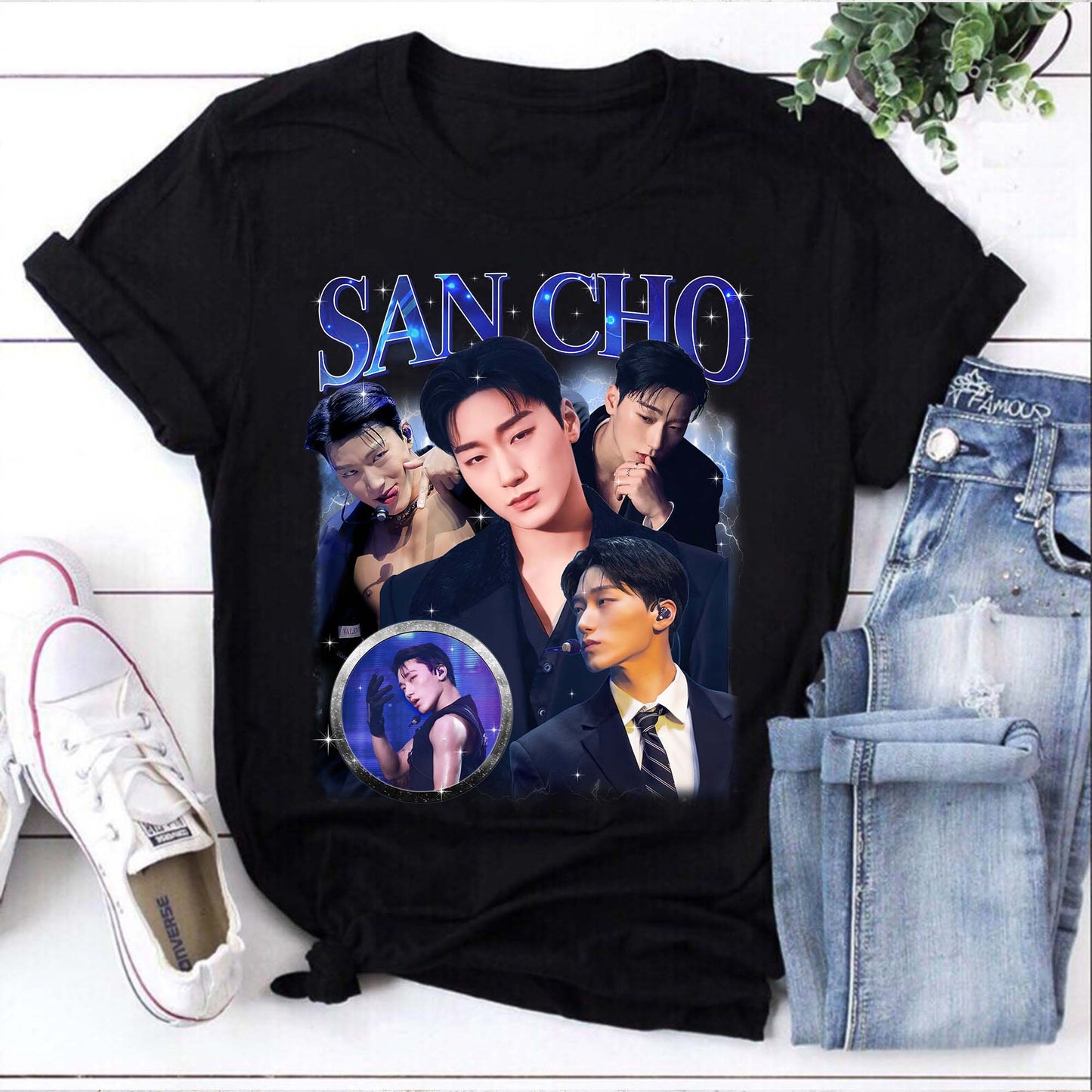 San Cho K-Pop Star Black Graphic T-Shirt – Multi-Image Fan Tribute Tee