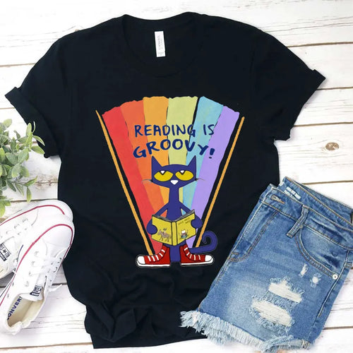 Reading is Groovy Cat T-Shirt - Retro Colorful Book Lover Tee