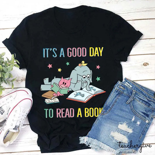 It's A Good Day To Read A Book T-Shirt - Cute Elephant and Piglet Reading Tee