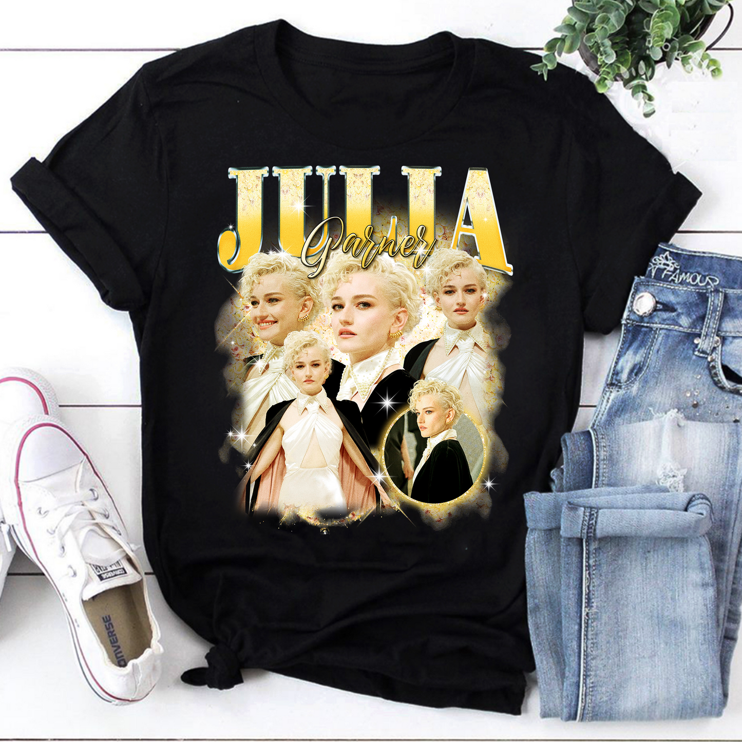 Julia Garner Stylish Photo Collage Graphic White Tee
