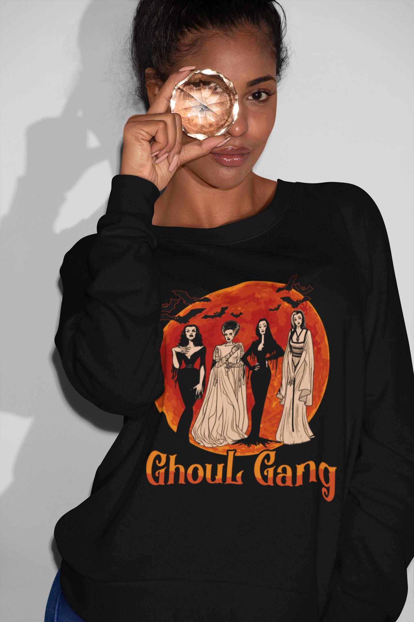 Ghoul Gang Halloween Shirt with Classic Female Monsters and Orange Moon