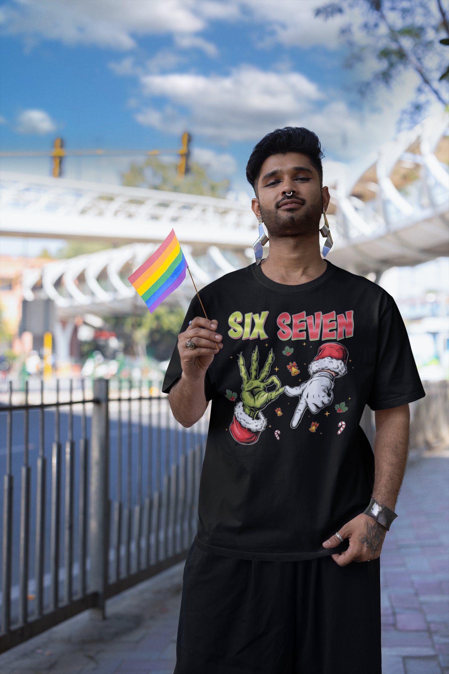 Six Seven Funny Christmas Grinch and Santa Hands Holiday T-Shirt