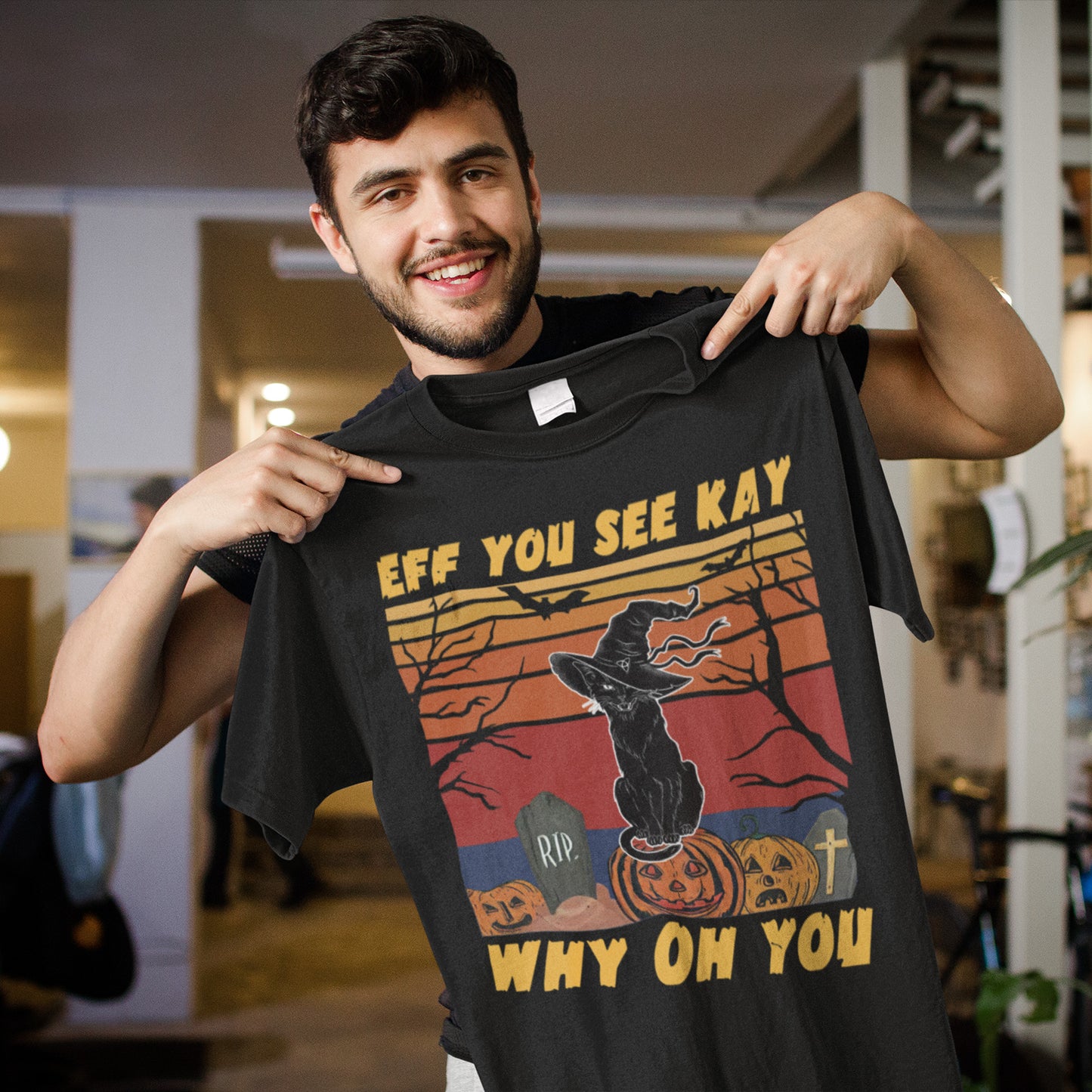 Vintage Witch Cat Halloween Sweatshirt with Pumpkin and Graveyard Design