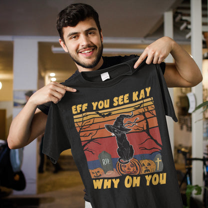 Vintage Witch Cat Halloween Sweatshirt with Pumpkin and Graveyard Design