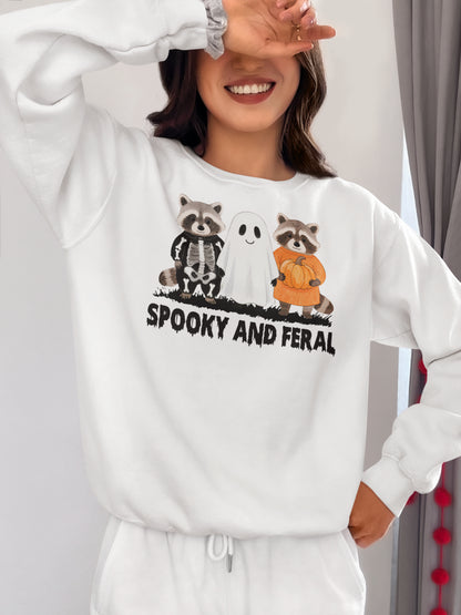 Spooky and Feral Halloween Hoodie with Cute Raccoon and Ghost Design