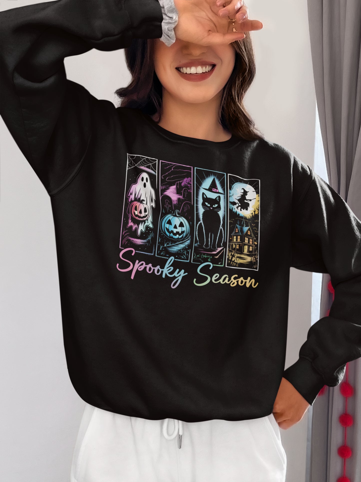 Spooky Season Halloween Hoodie with Ghost, Pumpkin, Cat, Witch House Design