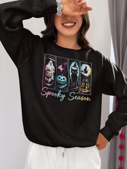 Spooky Season Halloween Hoodie with Ghost, Pumpkin, Cat, Witch House Design